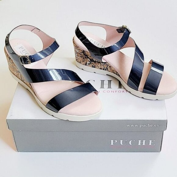 NWT PUCHE Made in Spain Soft Patent Leather Cork Wedge Sandals - Picture 4 of 7